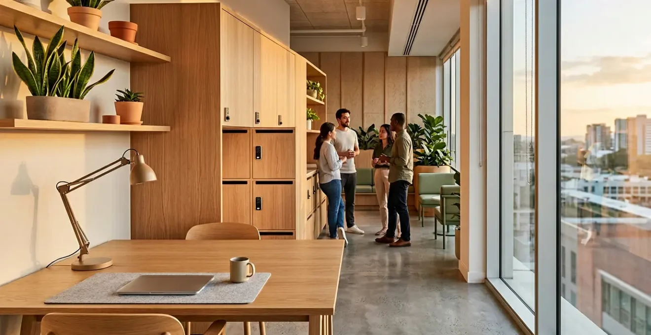 Espace de travail moderne en flex-office avec casiers personnels, plantes vertes et zones de collaboration