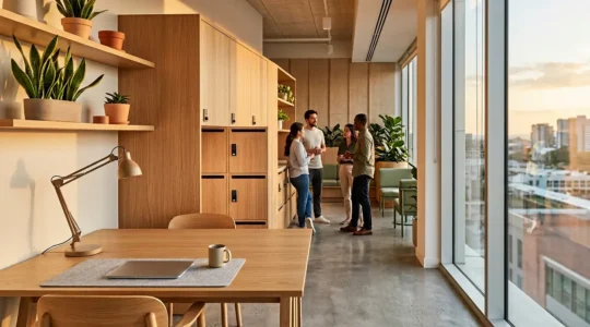 Espace de travail moderne en flex-office avec casiers personnels, plantes vertes et zones de collaboration