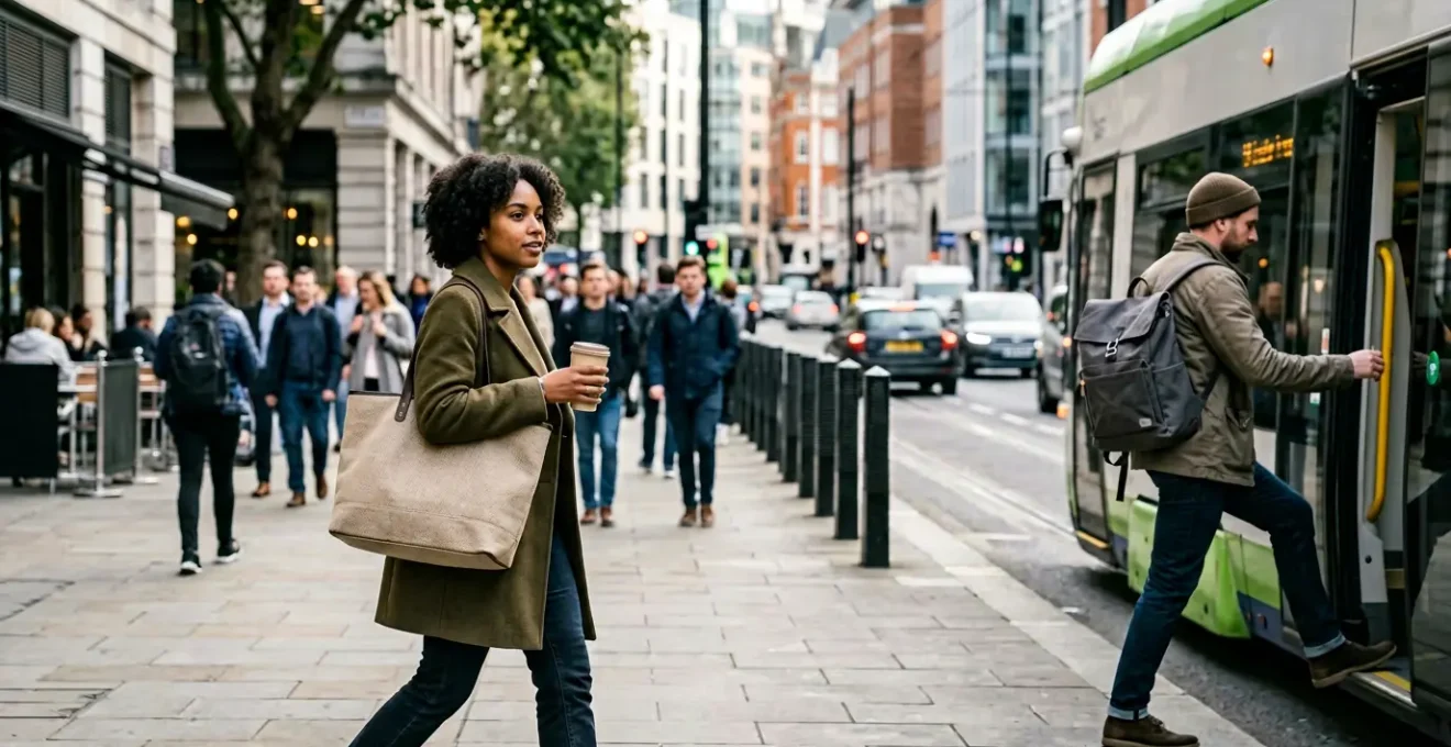 Scène urbaine avec des personnes portant naturellement des accessoires de marque dans leur quotidien