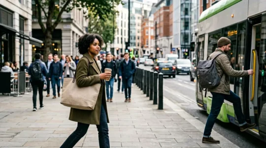 Scène urbaine avec des personnes portant naturellement des accessoires de marque dans leur quotidien