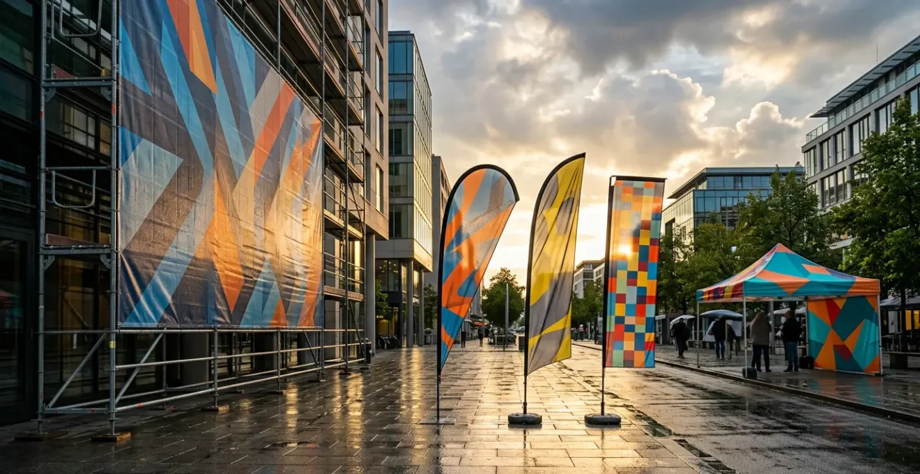 Bâches publicitaires et drapeaux professionnels résistants aux intempéries installés en extérieur