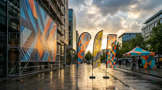 Bâches publicitaires et drapeaux professionnels résistants aux intempéries installés en extérieur
