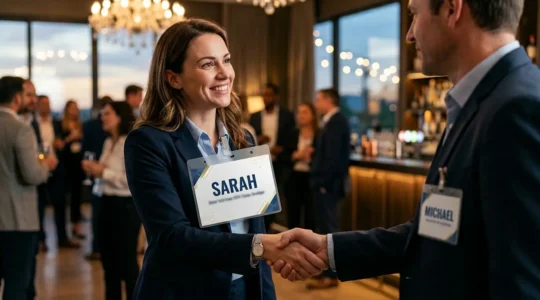 Vue rapprochée d'un badge événementiel avec focus sur le prénom en grande police, arrière-plan d'un espace de networking flou