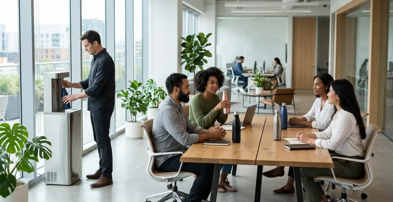 Bureau moderne avec employés utilisant des bouteilles isothermes personnalisées lors d'une réunion