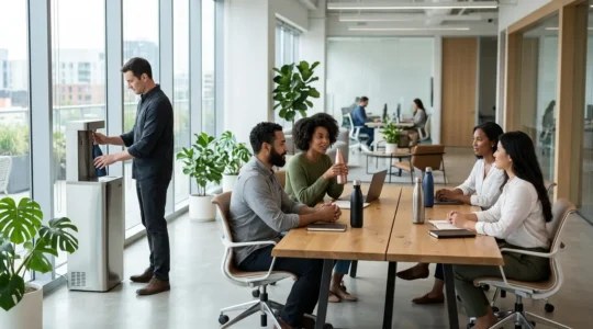 Bureau moderne avec employés utilisant des bouteilles isothermes personnalisées lors d'une réunion