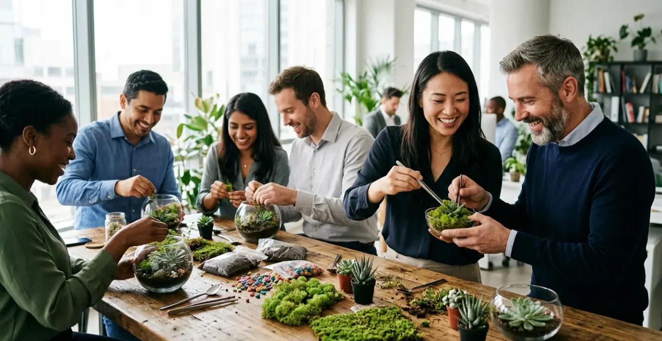 Équipe créant ensemble un terrarium dans un environnement de bureau moderne