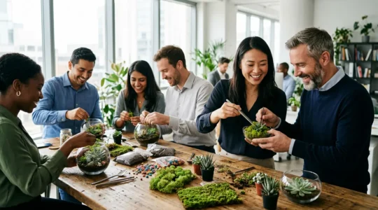 Équipe créant ensemble un terrarium dans un environnement de bureau moderne