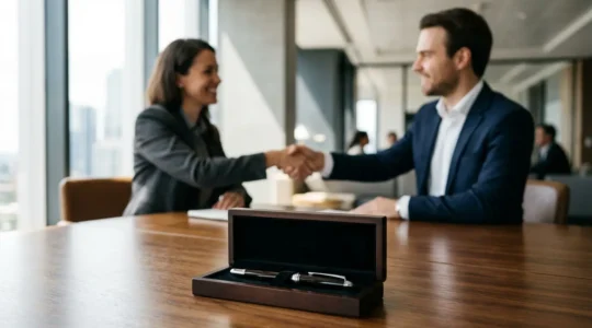 Une poignée de main professionnelle au-dessus d'un bureau avec un stylo haut de gamme dans un coffret élégant ouvert, sans texte visible