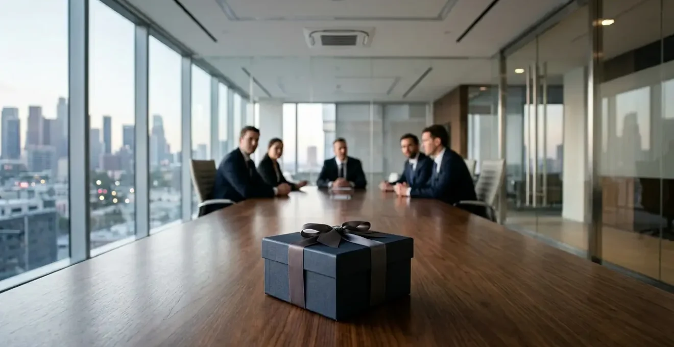 Dirigeants d'entreprise en réunion avec objet promotionnel haut de gamme sur bureau moderne