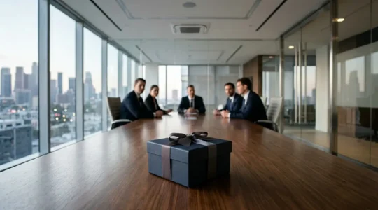 Dirigeants d'entreprise en réunion avec objet promotionnel haut de gamme sur bureau moderne