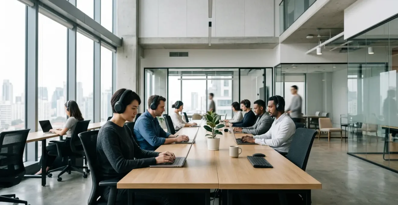 Professionnels concentrés dans un open space moderne portant des casques audio