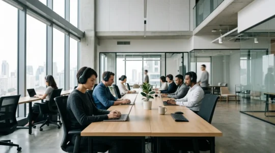 Professionnels concentrés dans un open space moderne portant des casques audio