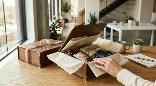 Expérience d'ouverture d'un coffret cadeau d'entreprise luxueux avec emballage soigné et produits artisanaux