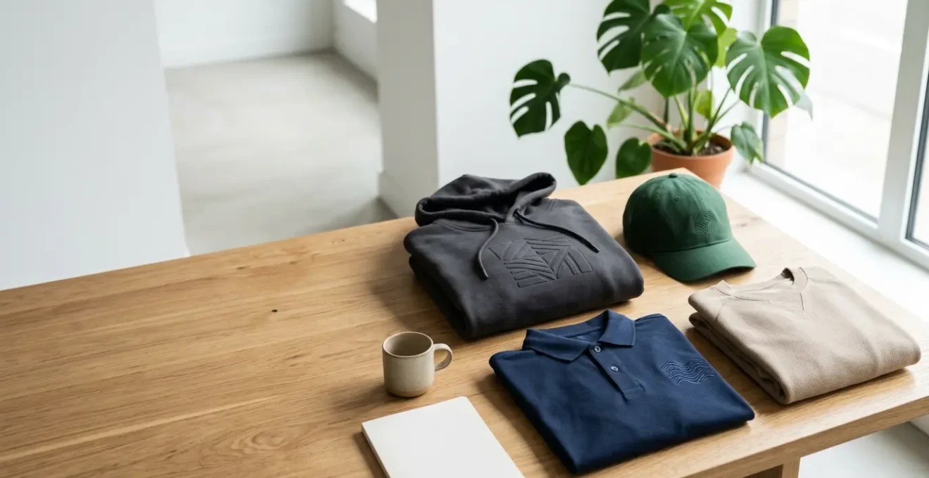 Collection de vêtements d'entreprise moderne disposée harmonieusement sur une table en bois avec plantes vertes en arrière-plan