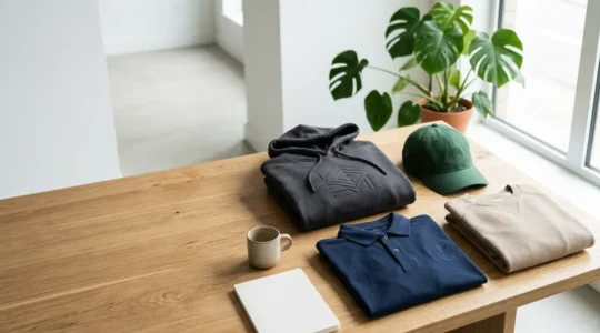 Collection de vêtements d'entreprise moderne disposée harmonieusement sur une table en bois avec plantes vertes en arrière-plan