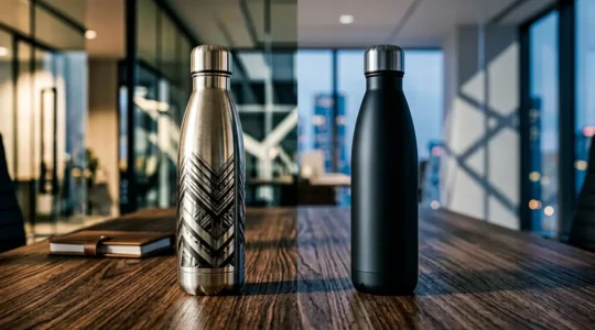 Comparaison visuelle entre gourde en inox et aluminium pour cadeaux d'entreprise