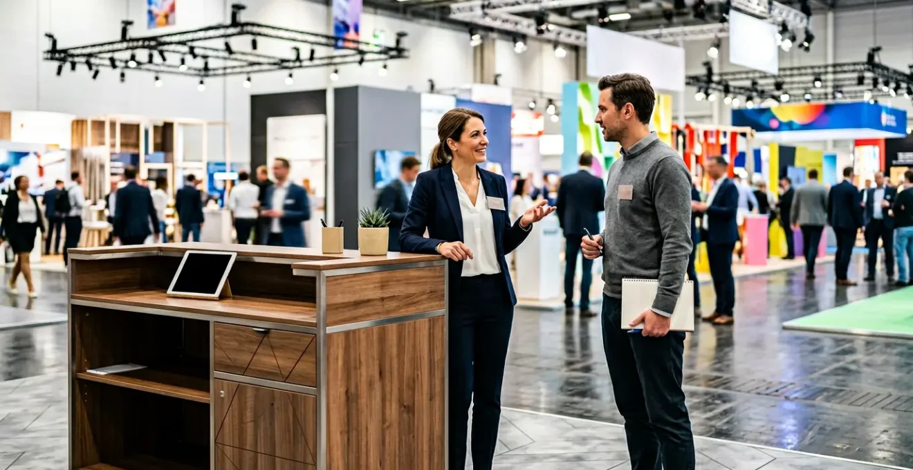 Comptoir d'accueil mobile moderne dans un salon professionnel avec une personne accueillant un visiteur