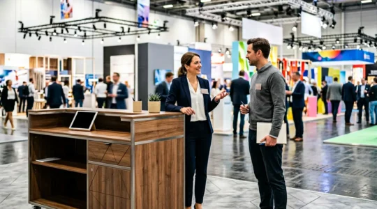 Comptoir d'accueil mobile moderne dans un salon professionnel avec une personne accueillant un visiteur