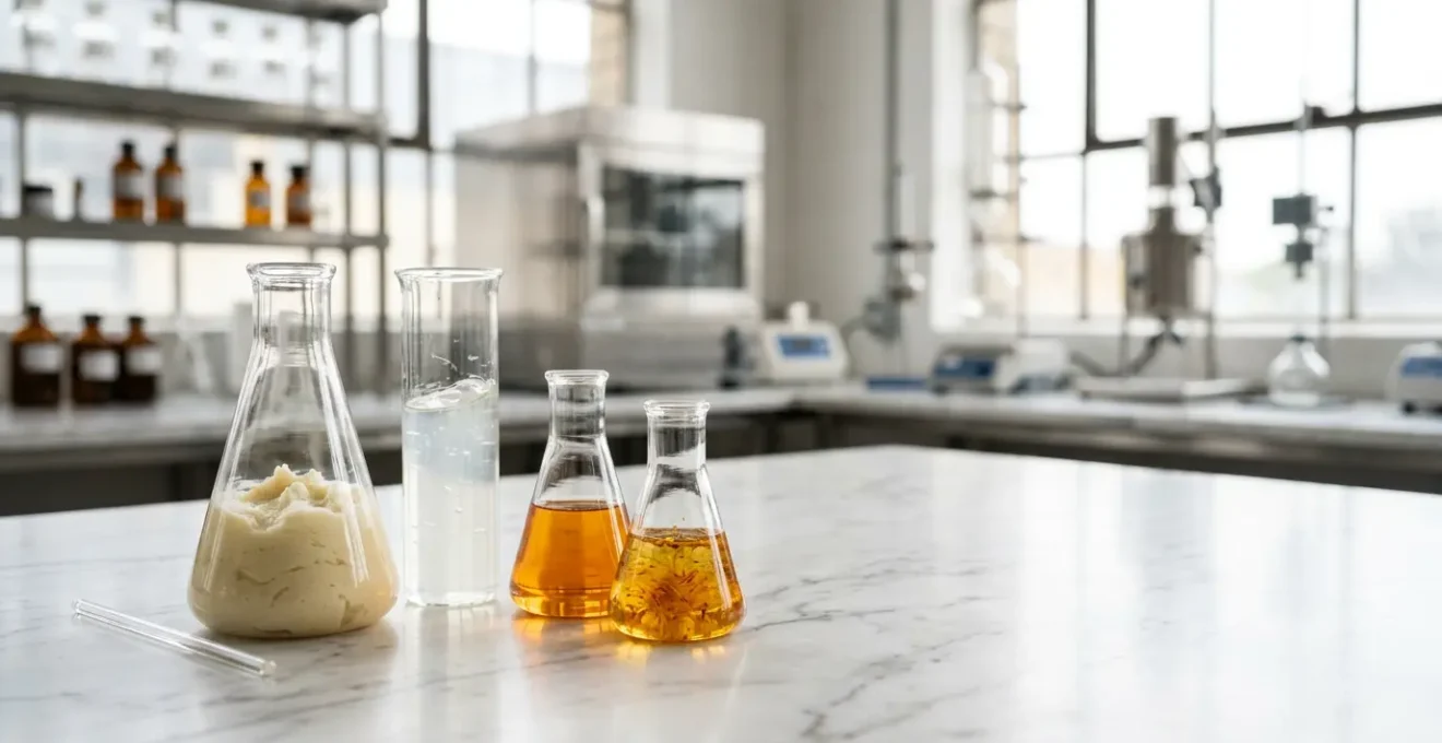 Vue en laboratoire cosmétique avec tests d'innocuité et ingrédients naturels