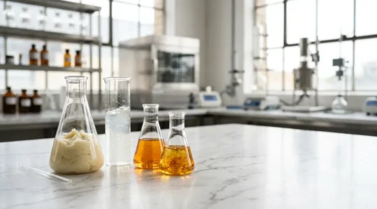 Vue en laboratoire cosmétique avec tests d'innocuité et ingrédients naturels