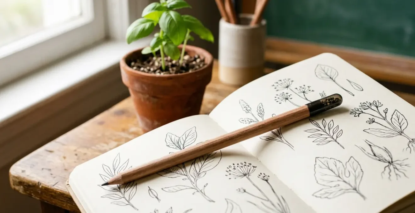 Un crayon en bois avec une capsule de graines à son extrémité posé délicatement sur un cahier d'école, avec en arrière-plan flou une plante en pot