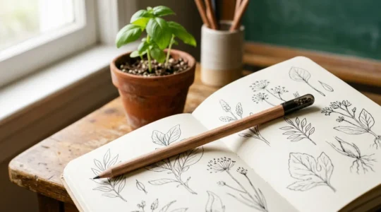 Un crayon en bois avec une capsule de graines à son extrémité posé délicatement sur un cahier d'école, avec en arrière-plan flou une plante en pot