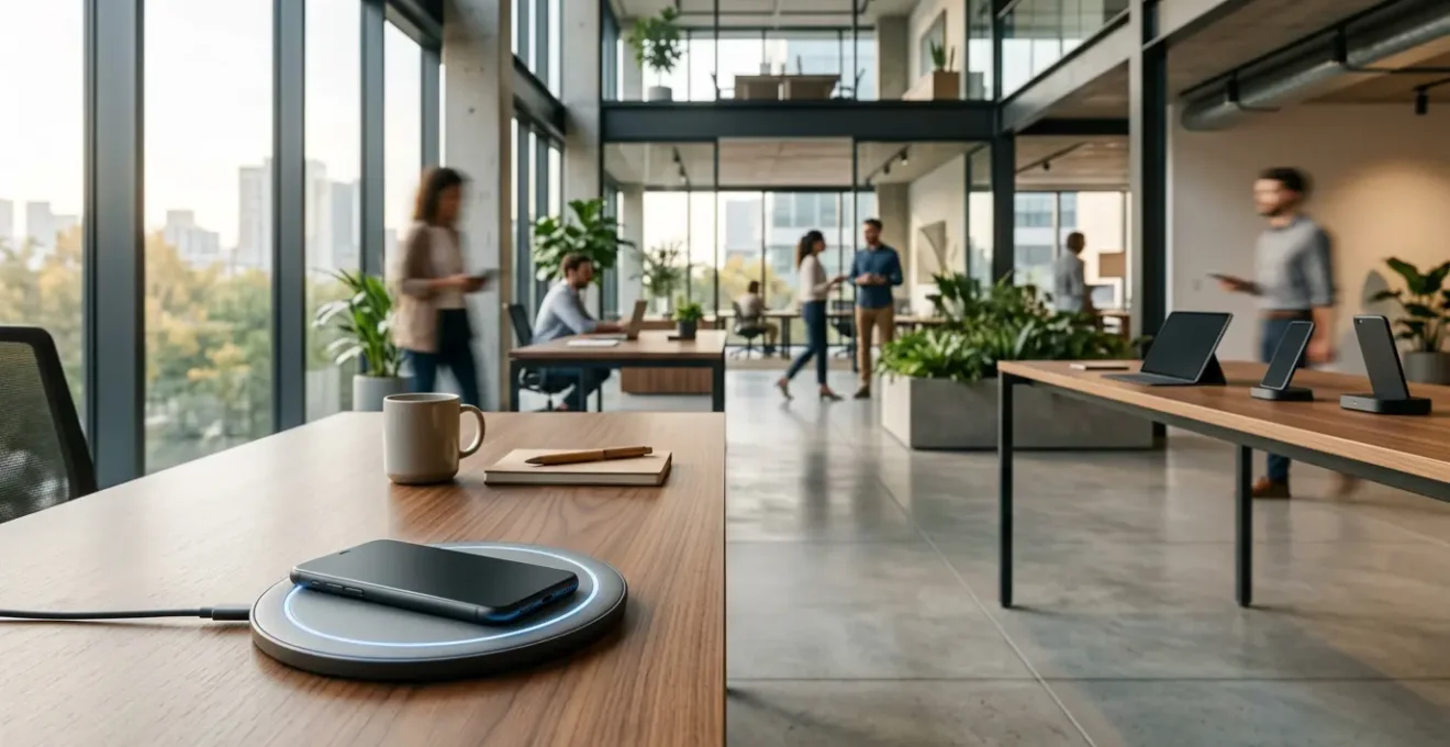 Bureau moderne avec chargeur à induction intégré dans un environnement professionnel