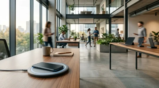 Bureau moderne avec chargeur à induction intégré dans un environnement professionnel