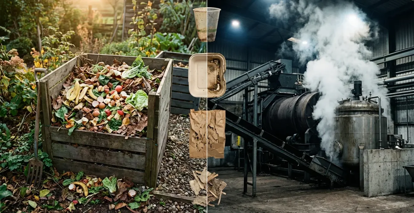 Comparaison visuelle entre compostage domestique et industriel avec matériaux biodégradables