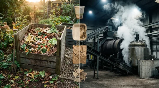 Comparaison visuelle entre compostage domestique et industriel avec matériaux biodégradables