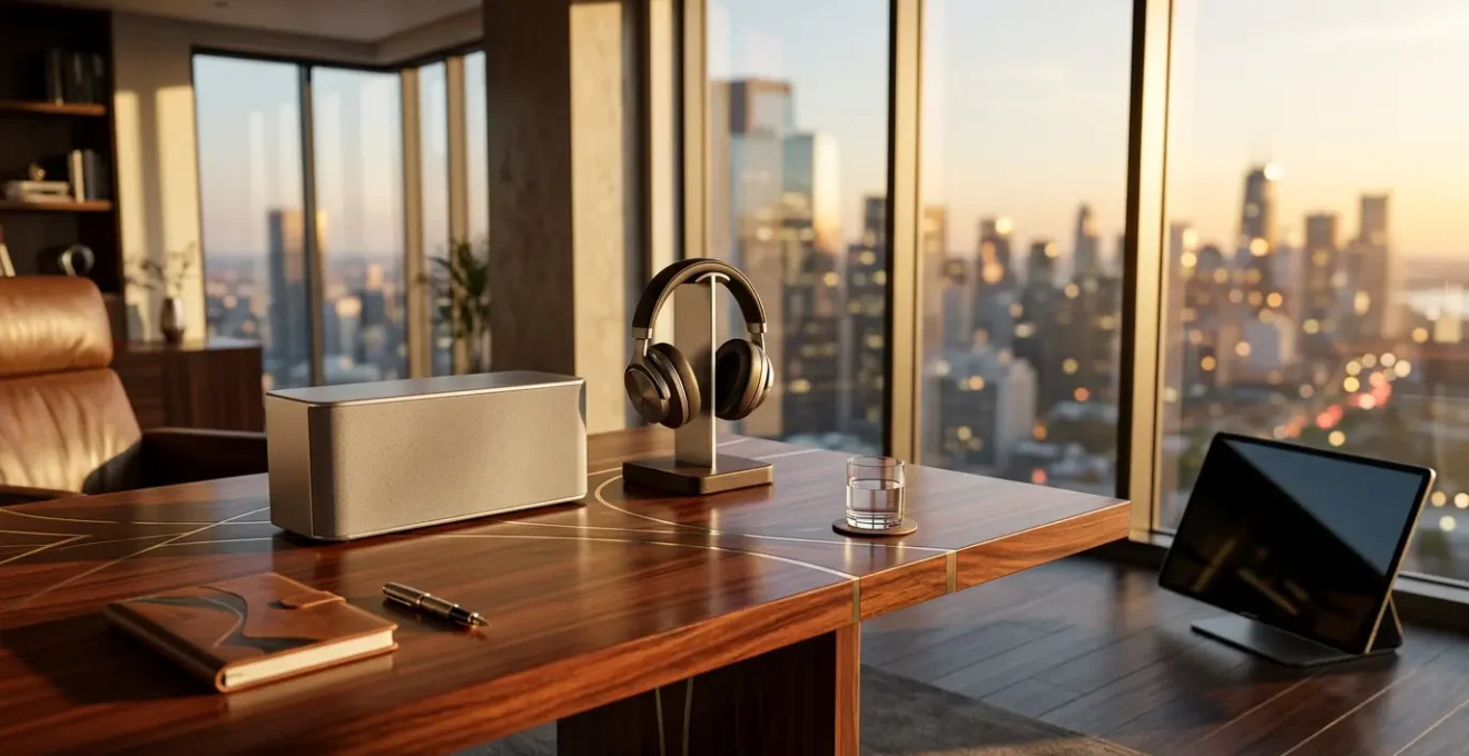 Bureau élégant avec enceinte premium et écouteurs haut de gamme posés sur une surface de bois noble