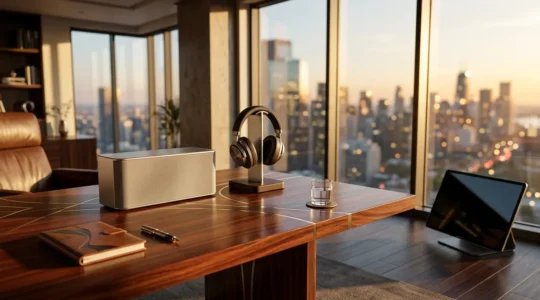 Bureau élégant avec enceinte premium et écouteurs haut de gamme posés sur une surface de bois noble