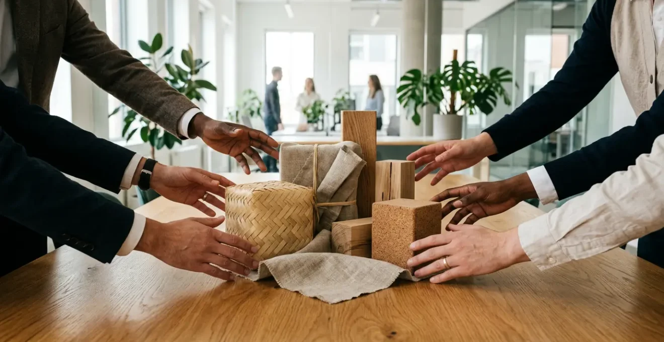 Une scène professionnelle illustrant l'éthique des cadeaux d'affaires avec un dialogue transparent et des matériaux durables en arrière-plan