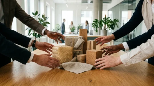 Une scène professionnelle illustrant l'éthique des cadeaux d'affaires avec un dialogue transparent et des matériaux durables en arrière-plan