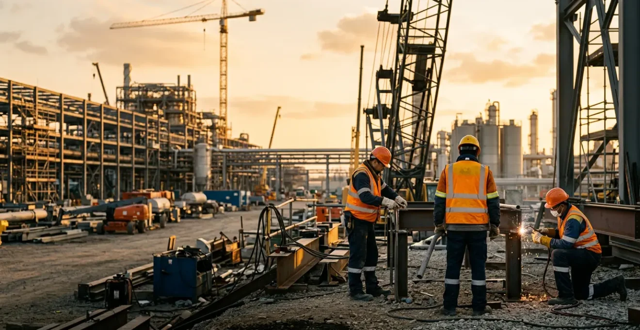 Professionnels en tenues de travail sécurisées sur chantier industriel