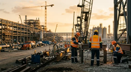 Professionnels en tenues de travail sécurisées sur chantier industriel