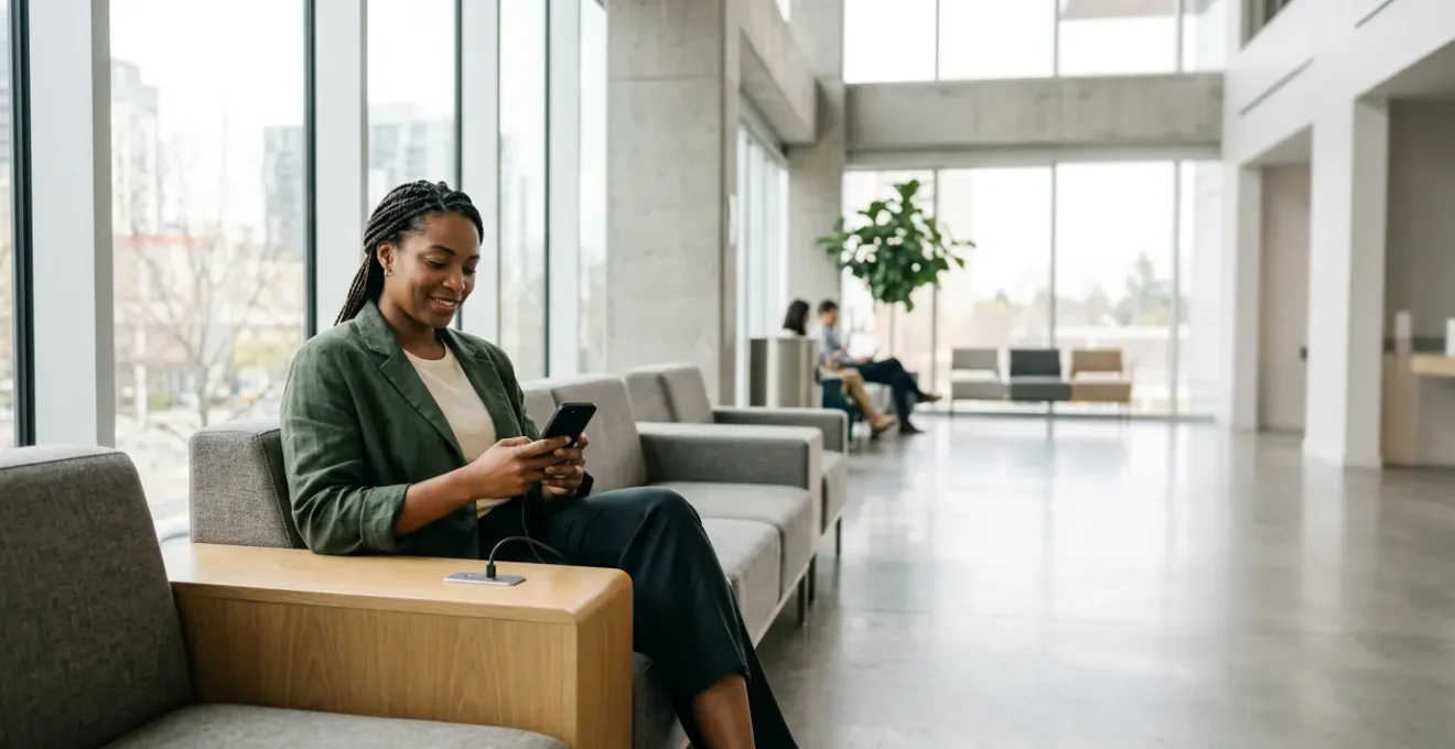 Espace d'attente moderne avec station de charge pour téléphones intégrée au mobilier