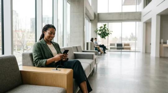 Espace d'attente moderne avec station de charge pour téléphones intégrée au mobilier