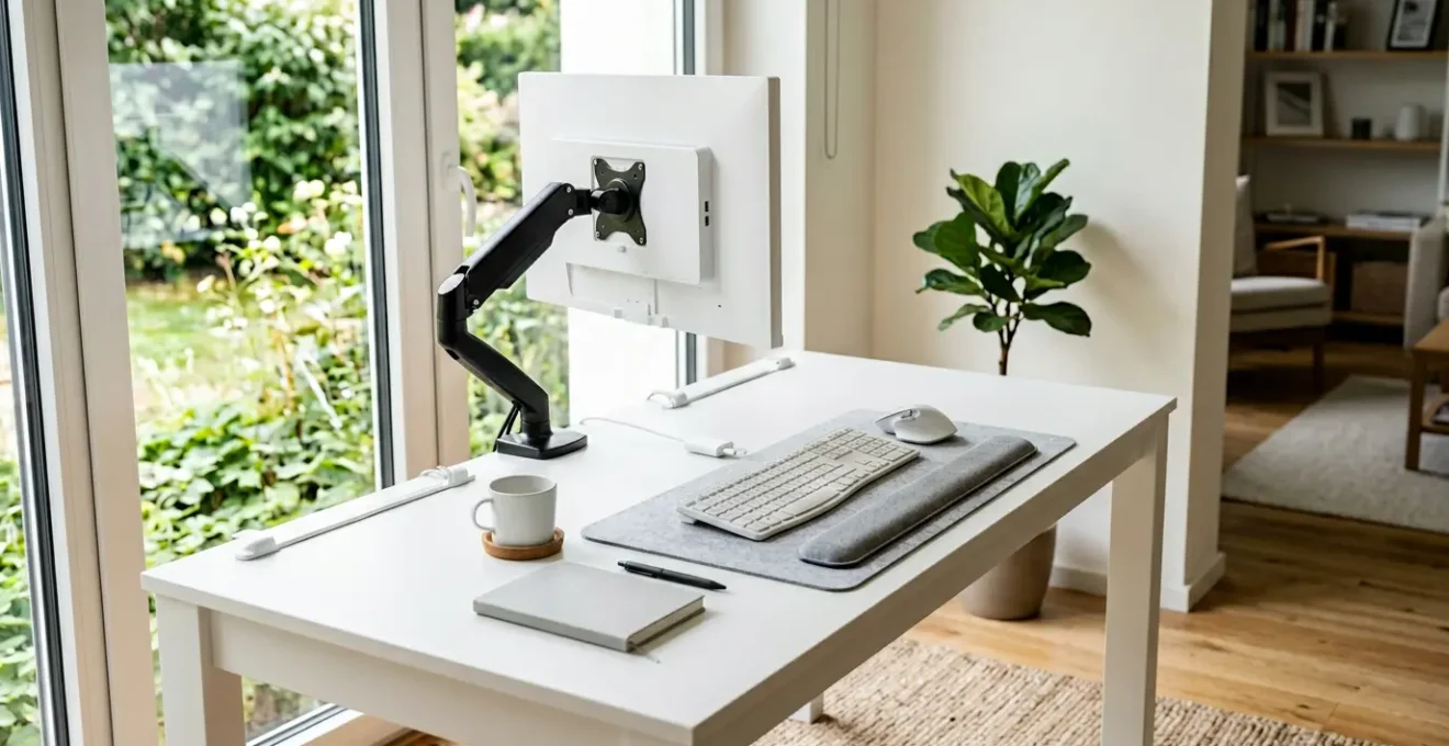 Vue d'un espace de travail ergonomique moderne avec support d'écran réglable et accessoires de bureau adaptés pour prévenir les TMS