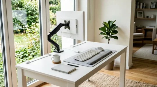 Vue d'un espace de travail ergonomique moderne avec support d'écran réglable et accessoires de bureau adaptés pour prévenir les TMS