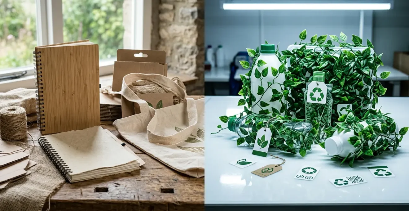 Comparaison visuelle entre vrais goodies écologiques et greenwashing marketing