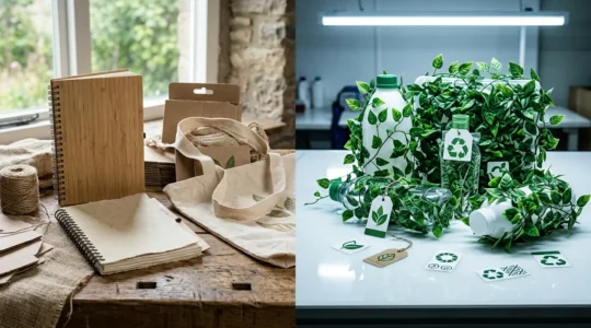 Comparaison visuelle entre vrais goodies écologiques et greenwashing marketing