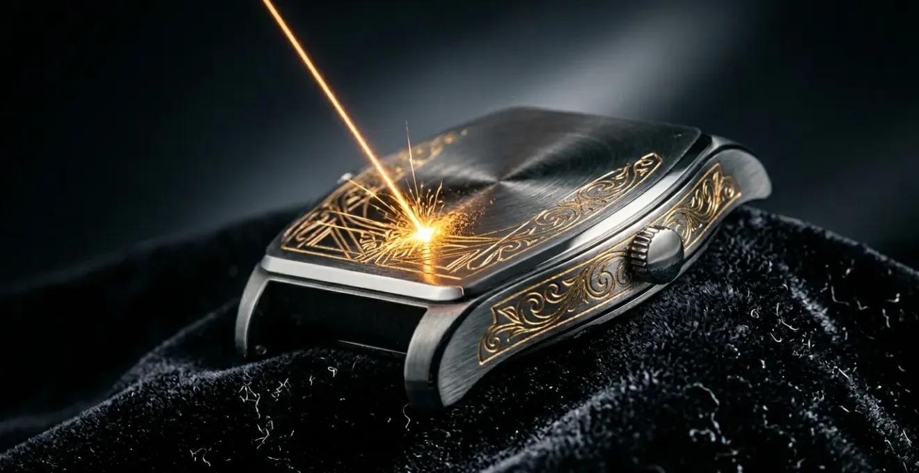 Gros plan artistique sur un objet métallique luxueux en cours de gravure laser