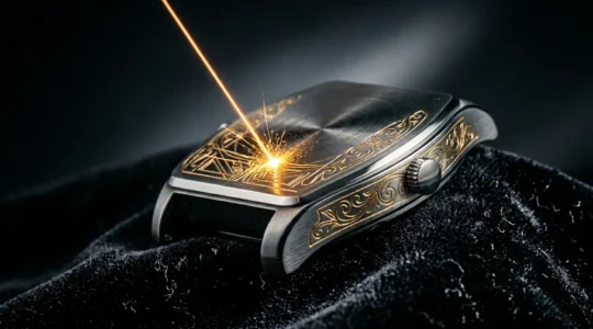 Gros plan artistique sur un objet métallique luxueux en cours de gravure laser