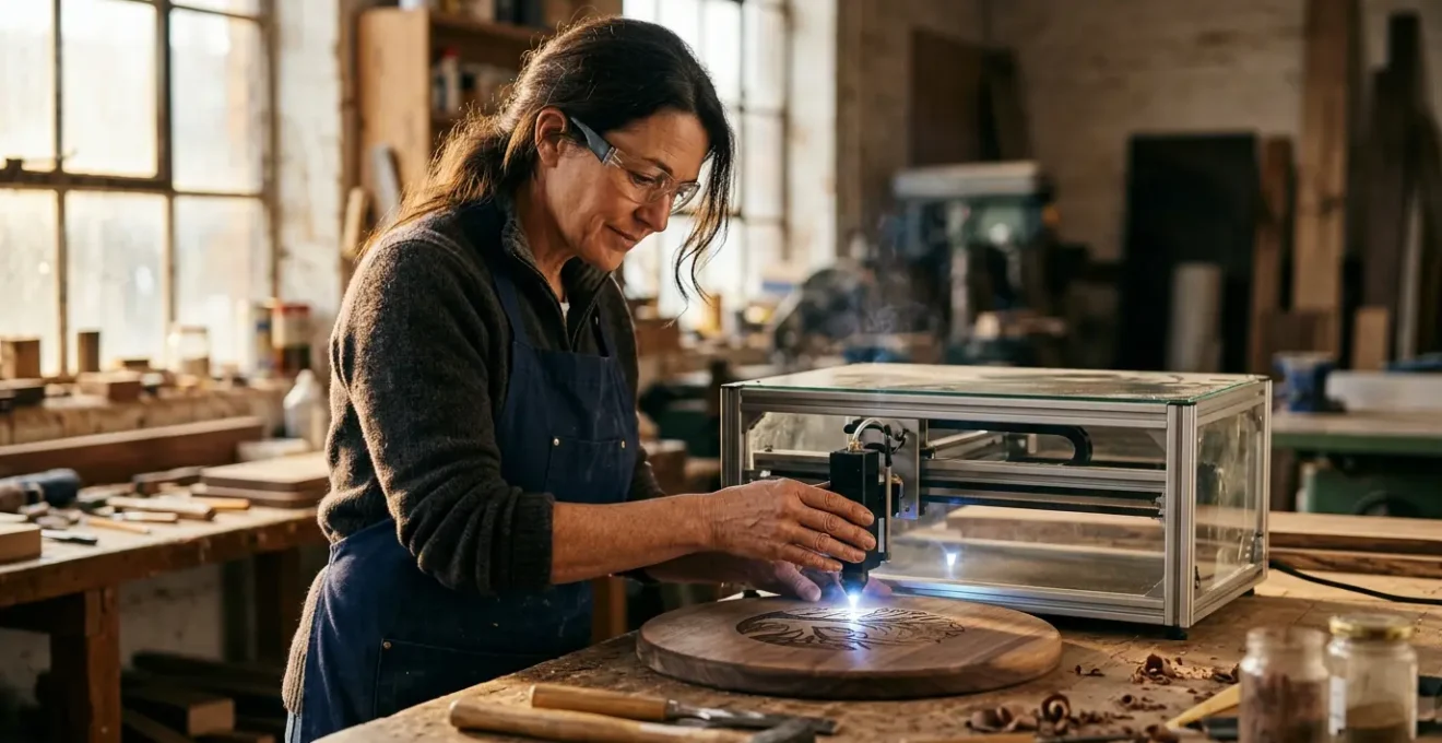 Artisan gravant un prénom sur un objet en bois avec un laser de précision dans un atelier lumineux