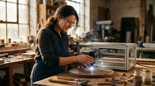 Artisan gravant un prénom sur un objet en bois avec un laser de précision dans un atelier lumineux