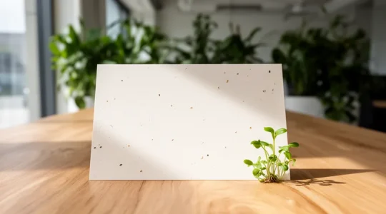 Invitation en papier ensemencé posée sur une table avec des pousses vertes émergeant délicatement