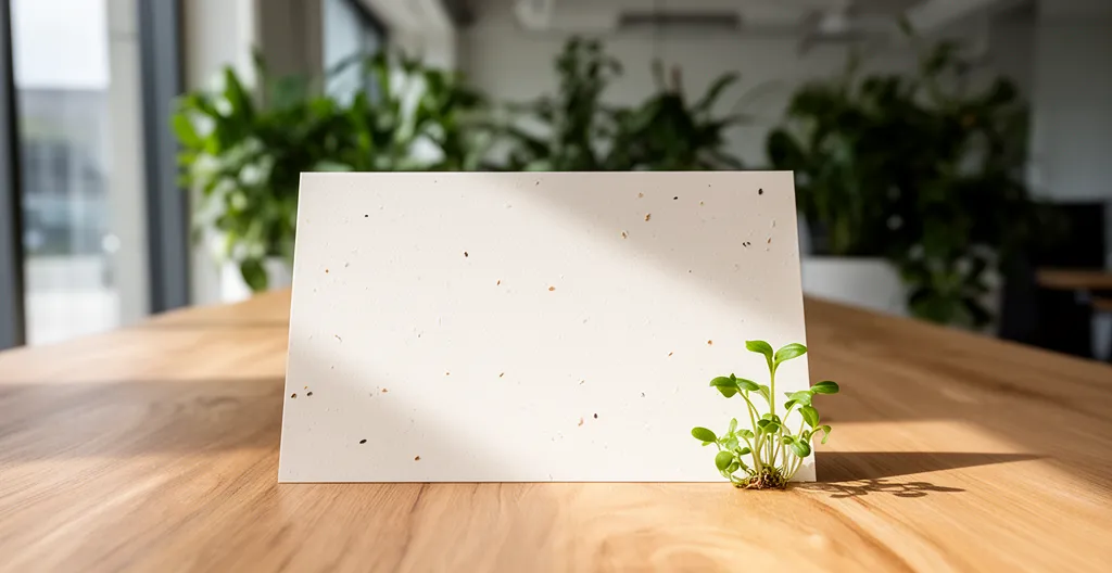 Invitation en papier ensemencé posée sur une table avec des pousses vertes émergeant délicatement