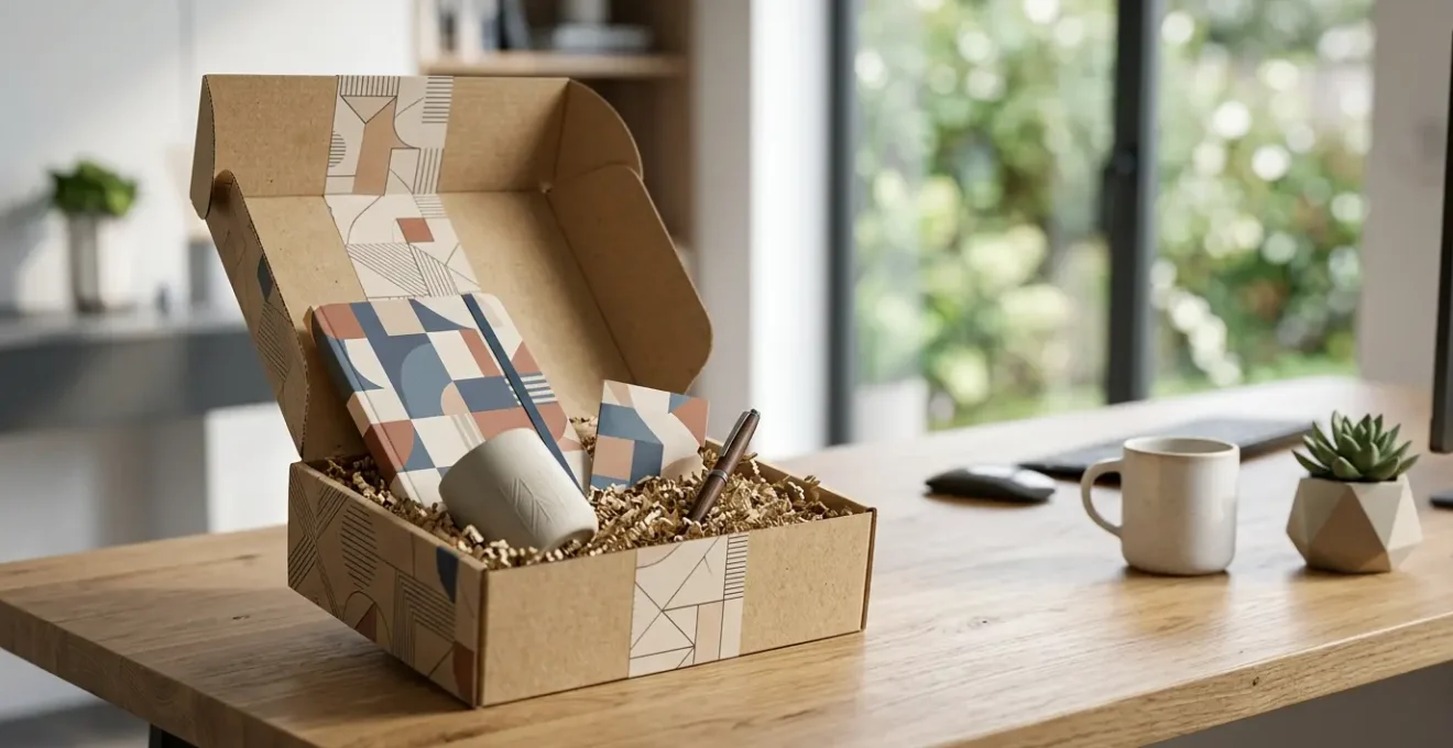 Kit de bienvenue professionnel prêt à l'expédition avec emballage soigné sur bureau lumineux