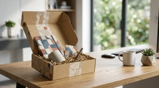 Kit de bienvenue professionnel prêt à l'expédition avec emballage soigné sur bureau lumineux